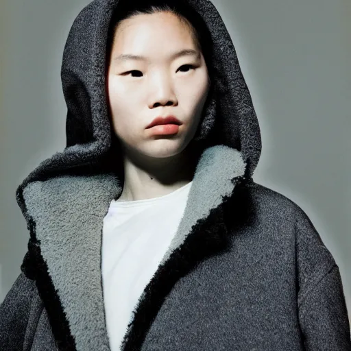 Image similar to realistic photoshooting for a new balenciaga lookbook, color film photography, portrait of a blonde asian woman, model wearing a puffer jacket, photo in style of tyler mitchell, 3 5 mm,