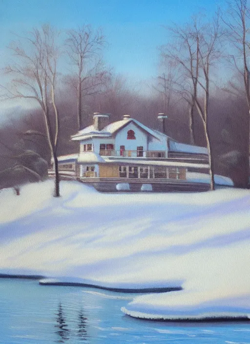 Image similar to an oil painting of a lake house in winter