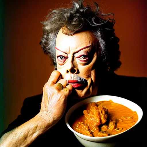 Image similar to uhd tim curry in a bowl of curry. photo by annie leibowitz