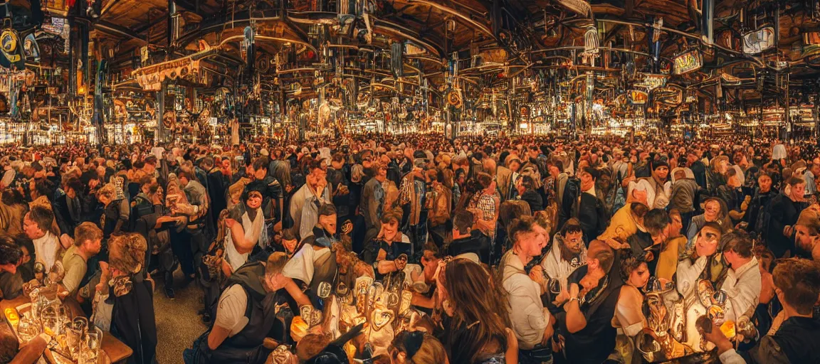 Prompt: crowded cyberpunk oktoberfest beer hall, beer glasses, lederhosen, neon, detailed, wide angle, realism 8k HDR