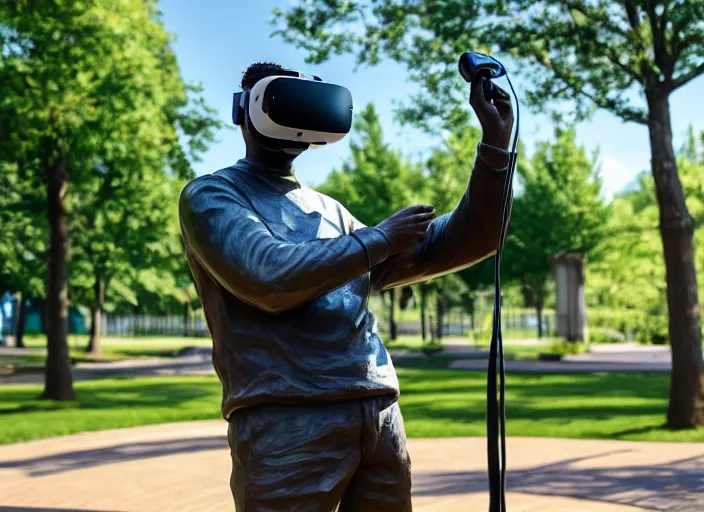 Image similar to photo still of a bronze statue of a man gaming in vr in a park on a bright sunny day, 8 k 8 5 mm f 1 6