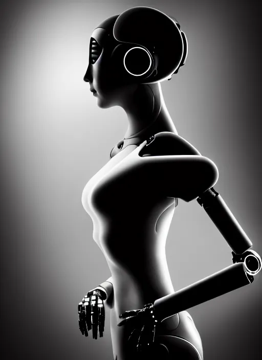 Image similar to surreal mythical dreamy dark artistic black and white fine art fashion portrait photo of a young beautiful delicate female metropolis robot loving the universe, spiritual, halo, glory, rim light, cinematic, studio dramatic light, poetic, masterpiece, octane render, 8 k, photo - realistic by william bouguereau man ray