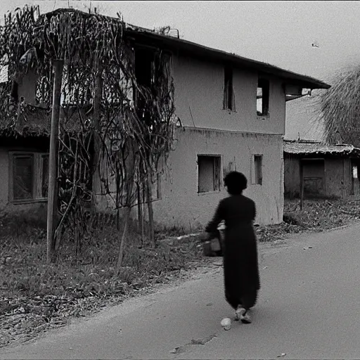 Image similar to scarry old granny filmed om security camera, village 1976, bw, high detailed, horror