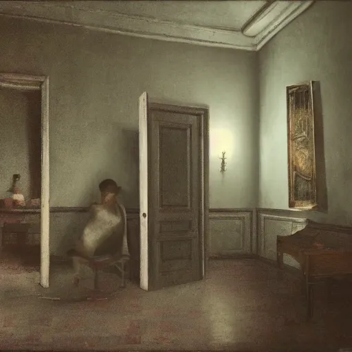Prompt: creepy Liminal interior of RE7, paintings on the wall, masked person in corner, in the style of Edward Hooper and Vilhelm Hammershøi and Albert Bierstadt