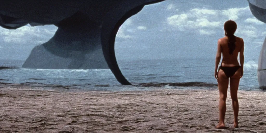 Prompt: color film still, view from behind, a woman in black bikini standing in front of a large wall depicting the beach inside a spaceship ; alien 2 ( 1 9 8 6 )