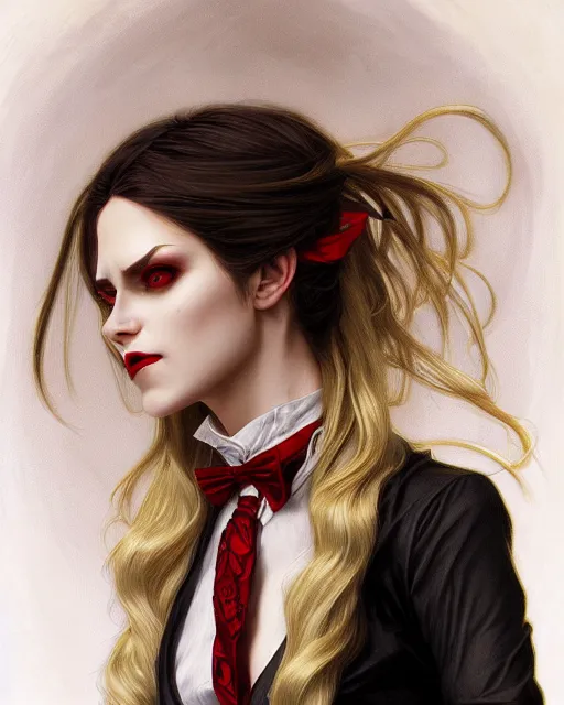 Image similar to female vampire, perfect face, gold waistcoat, long grey hair, red necktie, cinematic, stunning, highly detailed, digital painting, artstation, smooth, hard focus, illustration, art by artgerm and greg rutkowski and alphonse mucha