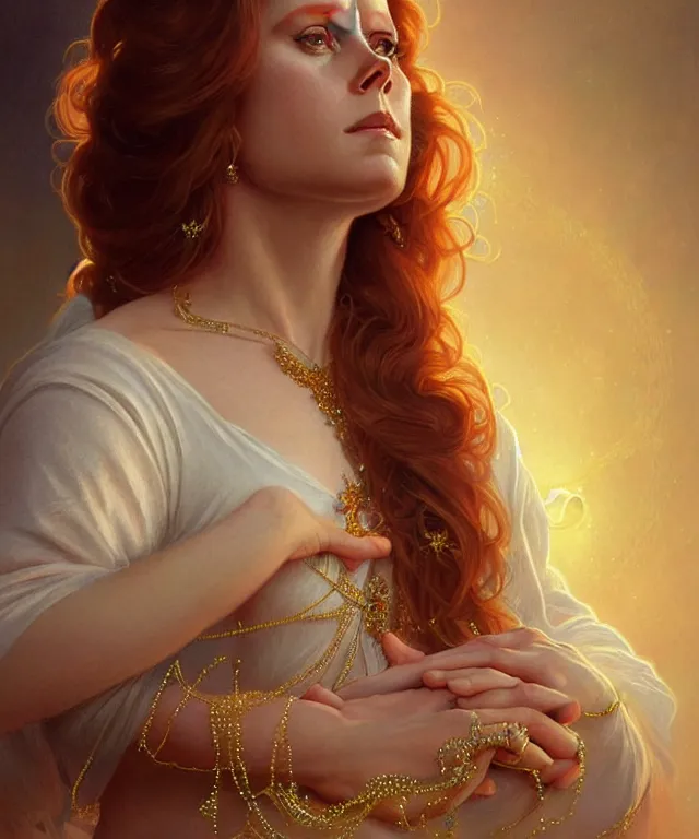 Image similar to a meditating Amy Adams with beads and crystals, portrait, intricate, elegant, highly detailed, digital painting, artstation, concept art, smooth, sharp focus, illustration, art by artgerm and greg rutkowski and alphonse mucha