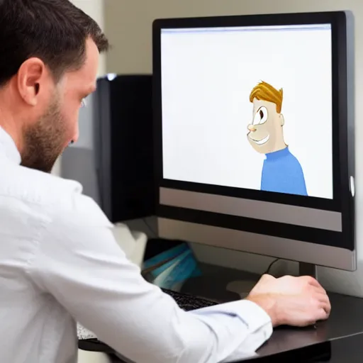 Image similar to photo of man looking at his computer screen, on his computer screen there is an image of troll face