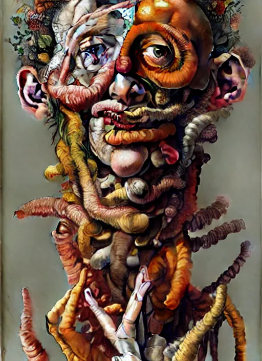 Image similar to human figures by arcimboldo in a dramatic poses, extra limbs, highly detailed and intricate, expressive, surrealism, painting by jenny saville and charlie immer, artstation