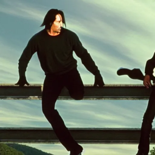 Image similar to keanu reeves fighting bruce willis and jean claude van damme on top of a bridge