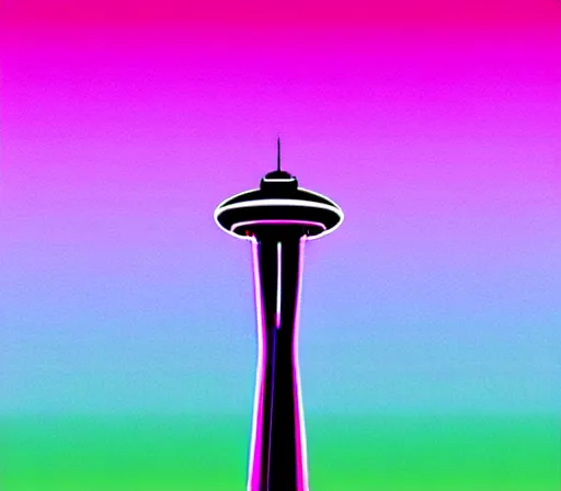 Image similar to a beautiful and immaculate balanced vaporwave ombre scene depicting outrun style seattle and the space needle