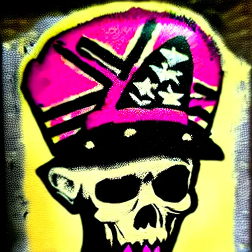 Image similar to painting on a badge, punks not dead!, exploited!!, clash, junk yard, rats!!, god save the queen, punk rock album cover art style, grunge, no future