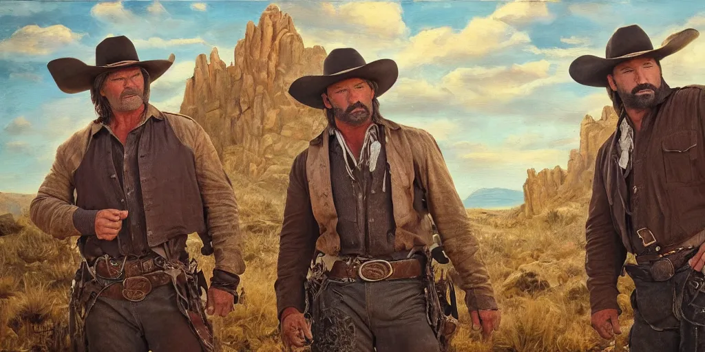 Image similar to (two men) cowboys Kurt Russel and Dave Bautista on the old west mountain trail, in the style of an oil painting