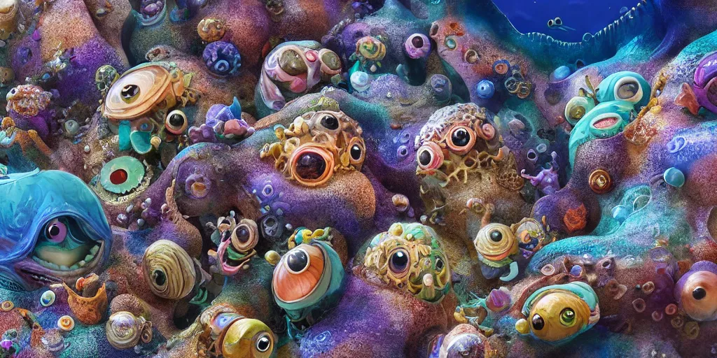 Image similar to of an intricate sea reef with strange cute friendly happy creatures with huge eyes, mouth, long tongue, round teeth and goofy face, appearing from the background, in the style of gehry and gaudi, macro lens, shallow depth of field, ultra detailed, digital painting, trending artstation, concept art, illustration, cinematic lighting, photorealism, epic, octane render