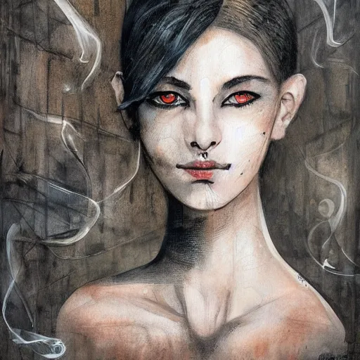 Image similar to a portrait of a beautiful young woman made of smoke and ember, visions of tomorrow, subtle smile in mysterious shadow, high contrast, by enki bilal