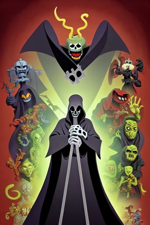 Image similar to video game cover, disney grim reaper dressed with a cape surrounded by monsters and demons, intricate baroque style. by mike mignola, by goro fujita, by octavio ocampo, masterpiece. intricate artwork, very coherent symmetrical artwork, cinematic, pixar studio, smooth gradients, high contrast. full body character, clean ink detailed line drawing