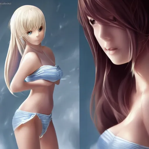 Image similar to tiny father a tall daughter picture : a very beautiful young blond anime girl, sky blue eyes, bikini, white miniskirt, highly detailed, cinematic wallpaper by stanley artgerm lau