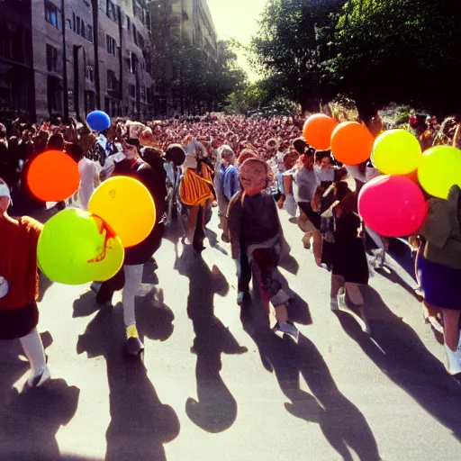 Prompt: A large group of people parading through the street holding lots of balloons, calm afternoon, natural lighting, 1990s