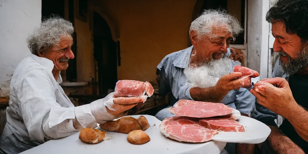 Image similar to photography of a cat sharing mortadella with his loved owner at a trullo house, photoreal, 3 5 mm, award winning photography