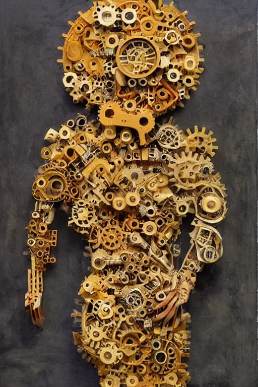Prompt: a highly detailed retro futuristic female android with gears and other mechanical parts made out of pasta going for a walk outside, a robot made out of pasta, arms made out of spaghetti, eyes made out of macaroni, painting by Johanna Martine and Julie Bell