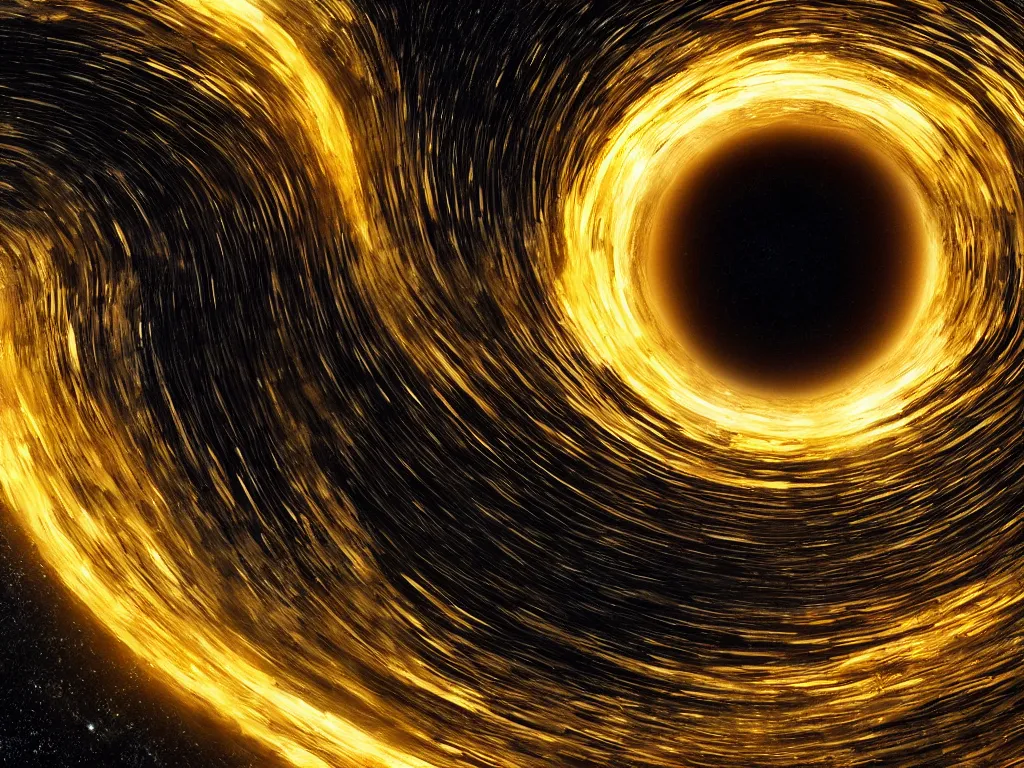 Image similar to black hole absorbs an ocean of fluid gold, interstellar, 8 k, hyperdetailed, 3 d animation, realism, big depth of field