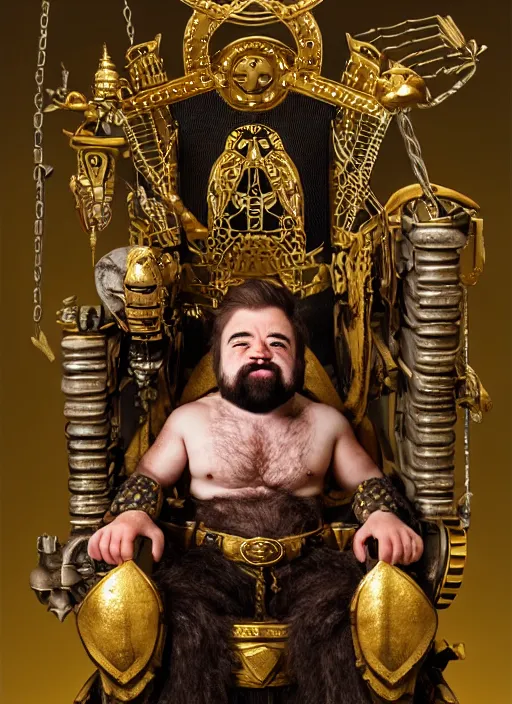 Prompt: dwarf fighter sitting in mechanical spider chair, gold, exquisite details, black beard, white background, by studio muti