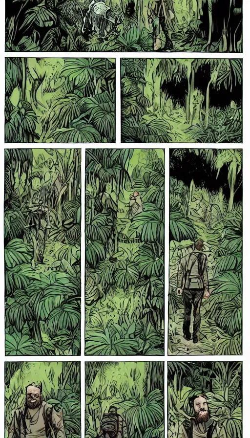 Image similar to multi - panel page from a highly detailed horror comic. a handsome rugged bearded man treks through a jungle wearing a backpack. rainforest. distant mountains. ink.