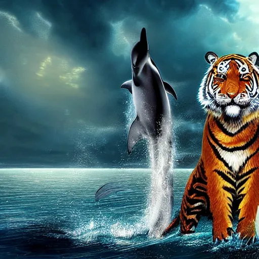 Prompt: A furry dolphin with tiger stripes, dramatic lighting, cinematic, establishing shot, extremely high detail, foto realistic, cinematic lighting, post processed, concept art, high details, cinematic, 8k resolution, beautiful detailed, photorealistic, digital painting, artstation, concept art, smooth, sharp focus, artstation trending, octane render, unreal engine