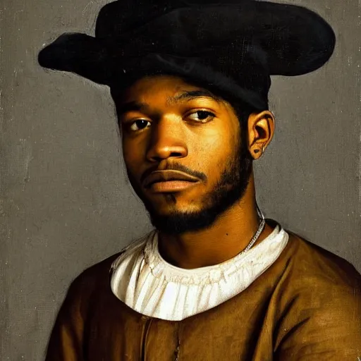 Prompt: a renaissance portrait painting of kid cudi in the style of rembrandt van rijn & caravaggio