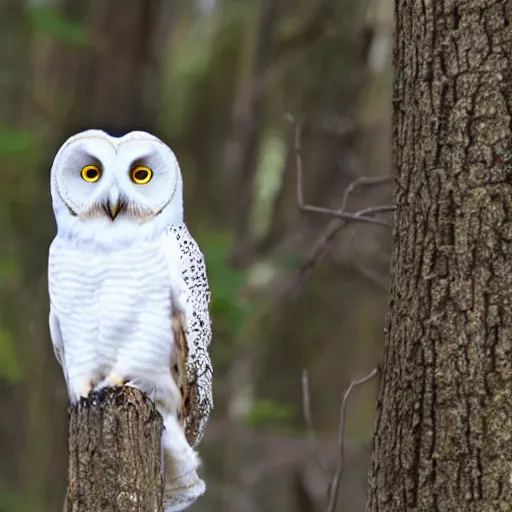 Prompt: a white owl in the woods