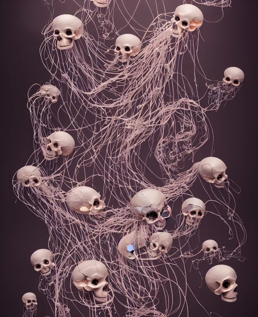 Image similar to composition of human skulls, animals skulls, bones, rib-cage. jellyfish orchids and betta fish, bioluminiscent, intricate artwork by Tooth Wu and wlop and beeple. octane render, trending on artstation, greg rutkowski very coherent symmetrical artwork. cinematic, hyper realism, high detail, octane render, 8k