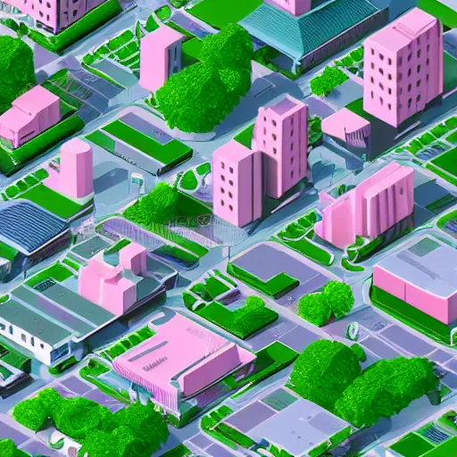 Prompt: isometric illustration of a dense urban city, lots of tall buildings and trees, pastel green and pastel pink colors, fun, soft, highly detailed, 3d render, playful, sharp lines, toon shader