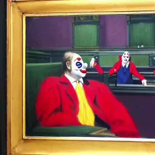 Prompt: a highly detailed fine art painting of british member of parliament in the house of commons wearing clown costumes. in the style of edward hopper, richard hamilton.