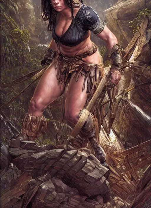 Image similar to exhausted Mila Kunis as a very muscled rugged looking Amazon, dirty, sweating, intricate, elegant, highly detailed, artstation, concept art, sharp focus, art by artgerm and donato giancola and Joseph Christian Leyendecker, WLOP