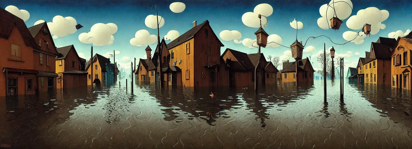 Image similar to flooded! old dark scary wooden empty cursed town street entance, very coherent and colorful high contrast masterpiece by gediminas pranckevicius rene magritte norman rockwell franz sedlacek, full - length view, dark shadows, sunny day, hard lighting, reference sheet white background