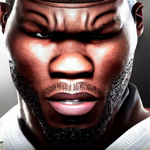 Image similar to a videogame still of 50 Cent in Tekken 7, portrait, 40mm lens, shallow depth of field, close up, split lighting, cinematic