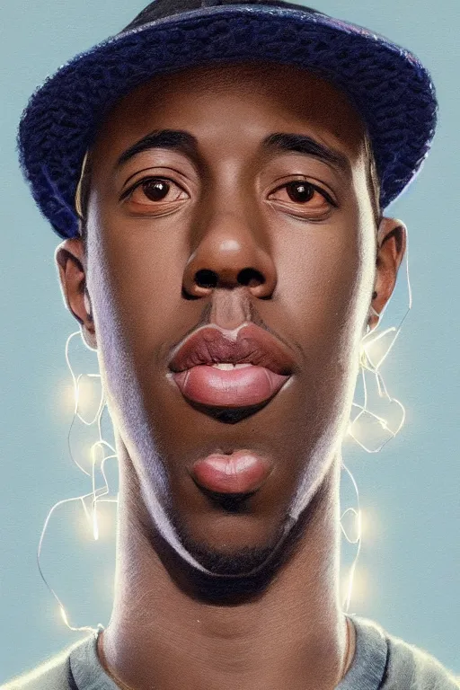 Image similar to portrait of tyler the creator with hat, staring directly into camera, intricate, elegant, glowing lights, highly detailed, digital painting, artstation, sharp focus, illustration, art by wlop, mars ravelo and greg rutkowski