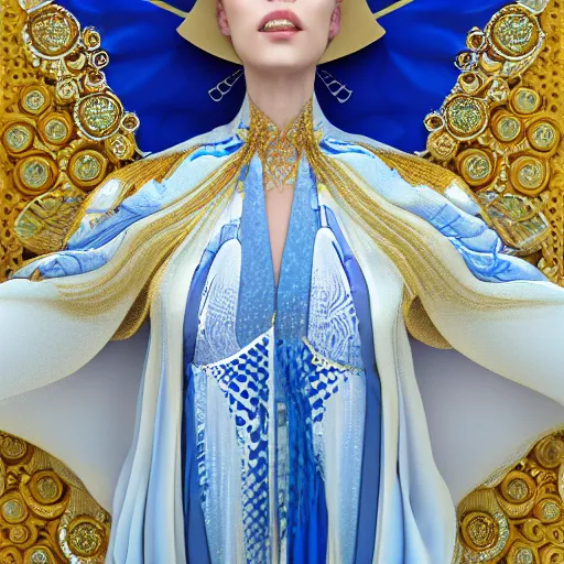 Image similar to a beautiful woman wearing a blue and white kaftan made of silk with golden ornaments and diamonds by alex gray and android jones , Karol Bak, Ayami Kojima, Amano , concept art, character design, fantasy,3D, 8k resolution