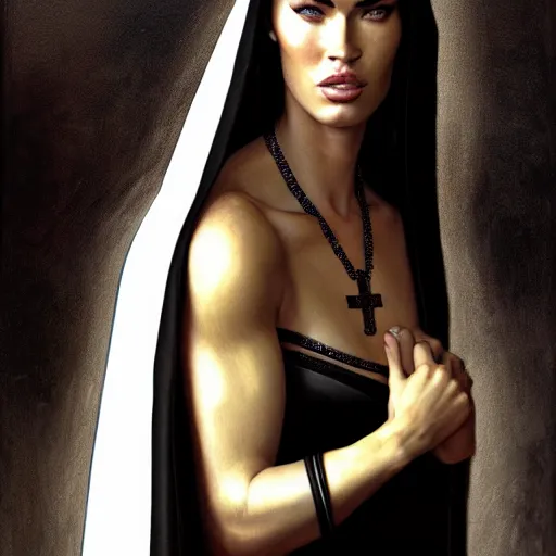 Image similar to portrait of megan fox as a nun in tight black robe, bible, christian, muscular upper body, collar, greek, jewelry, fantasy, intricate, elegant, highly detailed, digital painting, artstation, concept art, matte, sharp focus, illustration, art by aenaluck and roberto ferri and greg rutkowski, epic fantasy, digital painting