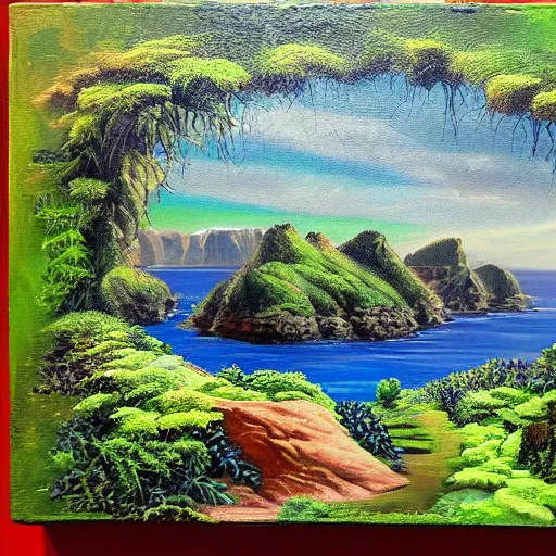 Prompt: acrylic painting of a lush natural scene on an alien planet by ray hassard. magical realism. very detailed. beautiful landscape. weird vegetation. cliffs and water.