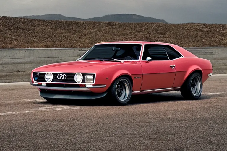 Image similar to audi camaro b 1 ( 1 9 6 9 ) drifting, phonk music background, dark, establishing shot