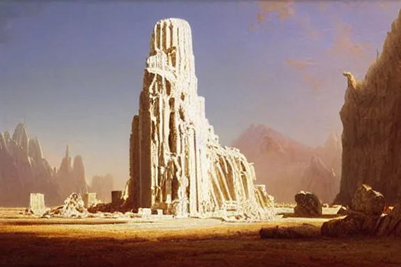 Prompt: the temple of truth is white, whole, holy and beautiful, but is surrounded by a crater of ruin and desolation. it's spire reaches up to the heavens and is topped with a gold statue. | painting by albert bierstadt. intricate detail. stark contrast. landscape painting