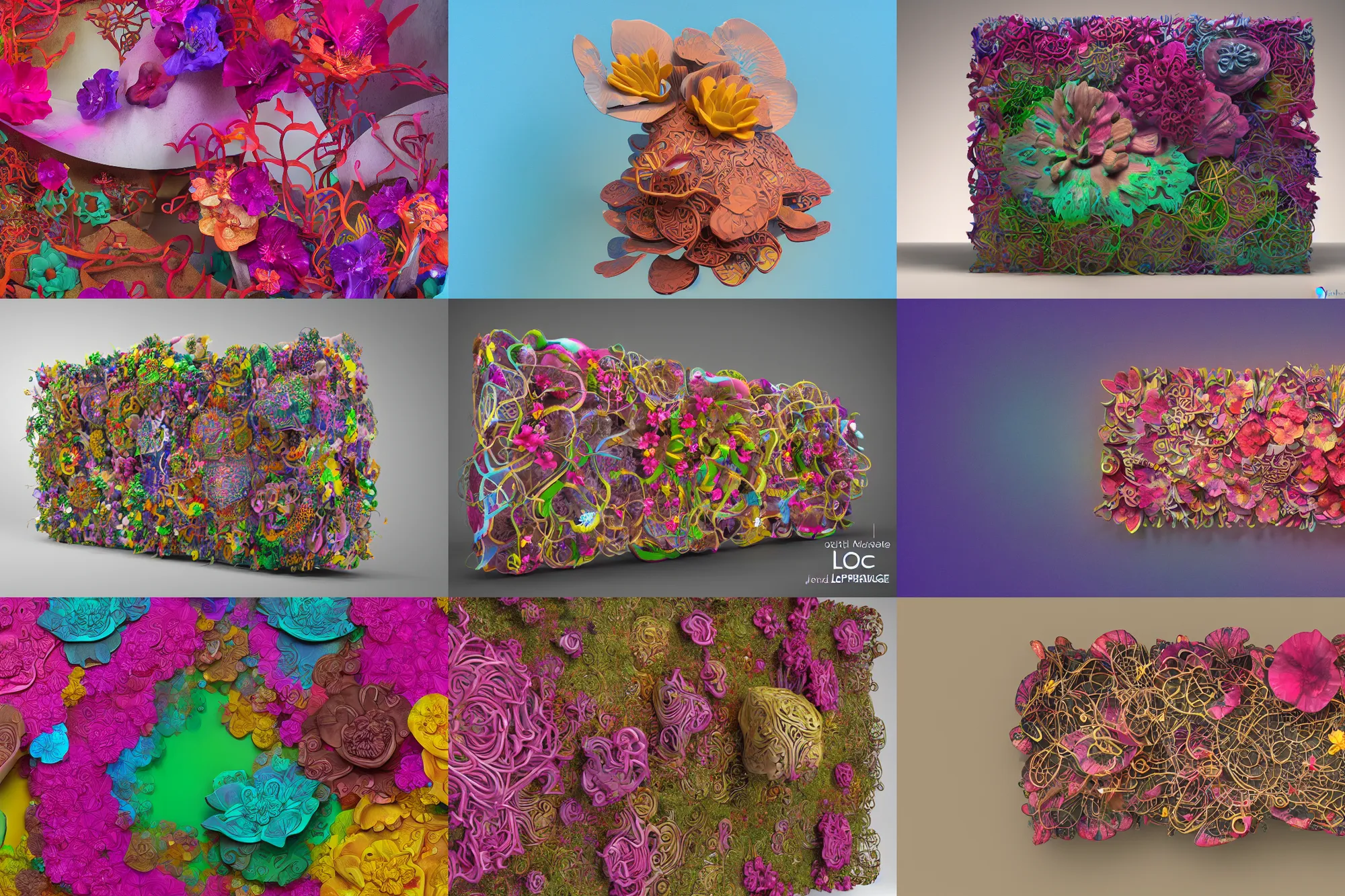 Prompt: abstract intricate 3 d model of a rectangular mixed media sculpture made of hibiscus, lotuses, boho floral vines connected by mushroom gills, by jennifer mccurdy, surrealistic, rectangular piece of art, museum piece, volumetric lighting, 4 k, octane render, artstation, wide angle shot, bokeh