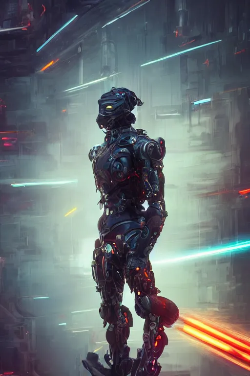 Image similar to ninja cyborg letting go of reality and experiencing the quantum feild, matte painting comic book art, cinematic, highly detailed, realistic, beautiful cosmic neural network, octane render, unreal engine, depth of field, trending on artstation, sharp focus, philosophical splashes of colors