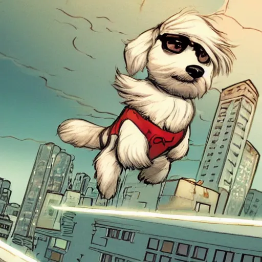 Image similar to cream colored havanese dog dressed as a super hero, jumping off a rooftop, sideways wide shot, highly coherent, saga comic, graphic novel, fiona staples