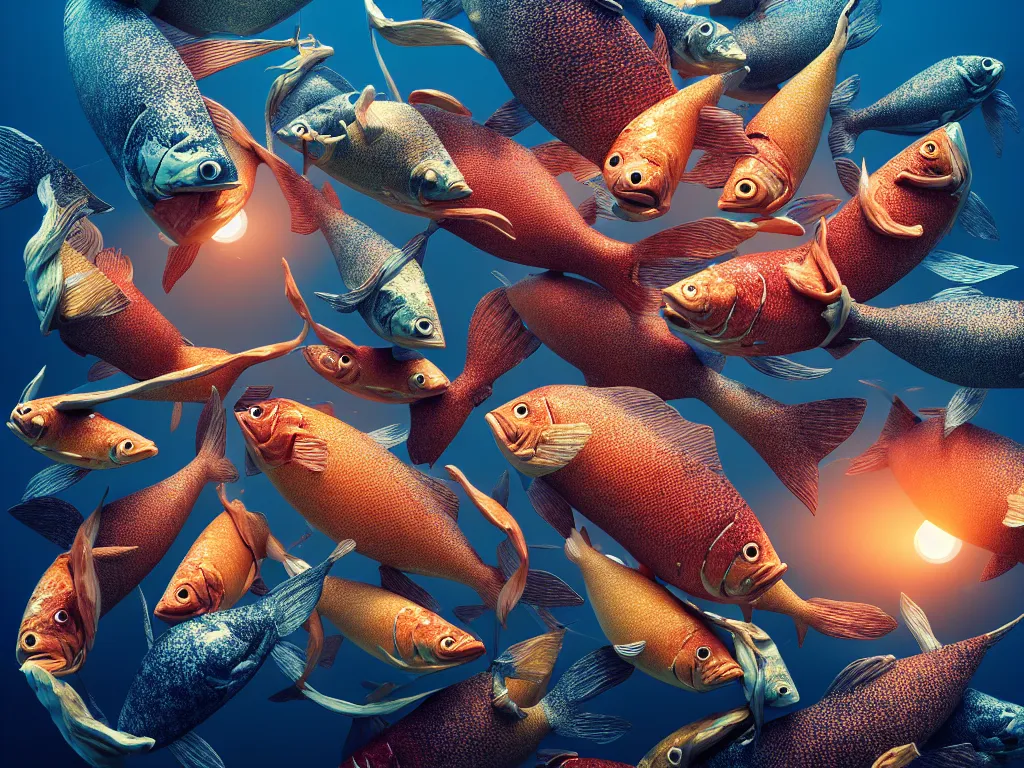 Prompt: a sculpture of fish group ocean intertwined, diode lighting, a lovely cornucopia of flowers and human body parts, body parts, highly detailed, octane render, cinematic, sharp focus, clean, studio lighting, sunset