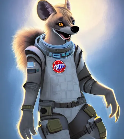 Image similar to digital detailed art of furry female hyena, in style of zootopia, fursona, furry, furaffinity, deviantart, wearing astronaut outfit, in style of mark arian, floating in space, space background, hyena fursona, cyberpunk, female, detailed face, style of artgerm,