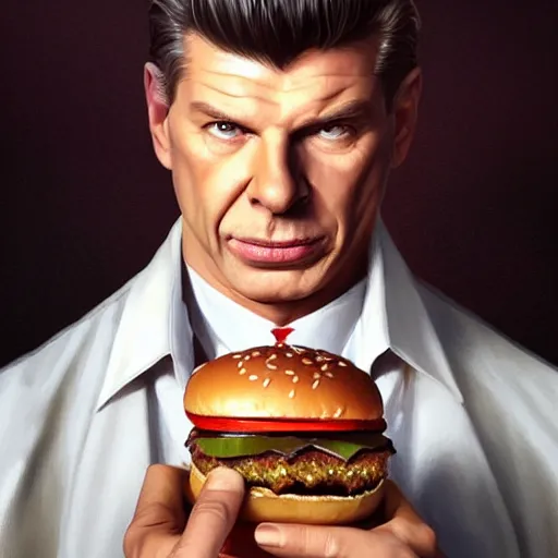 Prompt: portrait of vince mcmahon eating hamburgers, extra onions and ketchup, luscious patty with sesame seeds, feminine ethereal, handsome, d & d, fantasy, intricate, elegant, highly detailed, digital painting, artstation, concept art, matte, sharp focus, illustration, art by artgerm and greg rutkowski and alphonse mucha