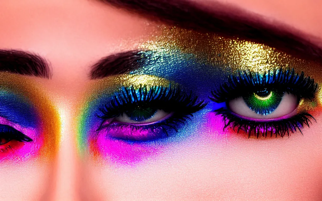 Prompt: closeup goldenhour photo of a pair of beautiful blue eyes of a woman with rainbow eyeshadow and ornate gold eyelashes, with rainbow light caustics