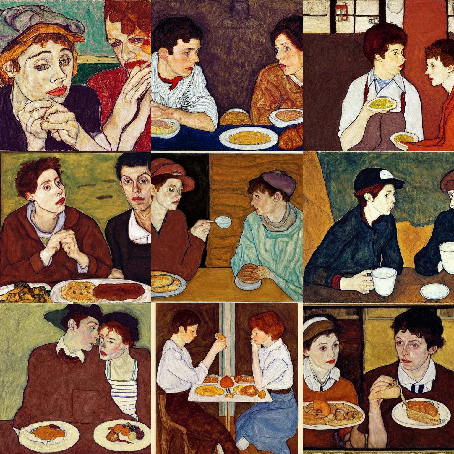 Prompt: a painting of two people eating breakfast, one is female asa Butterfield mixed with pam beesly, the other is a man with brown hair wearing a baseball cap, the man is wearing a baseball cap, by egon schiele